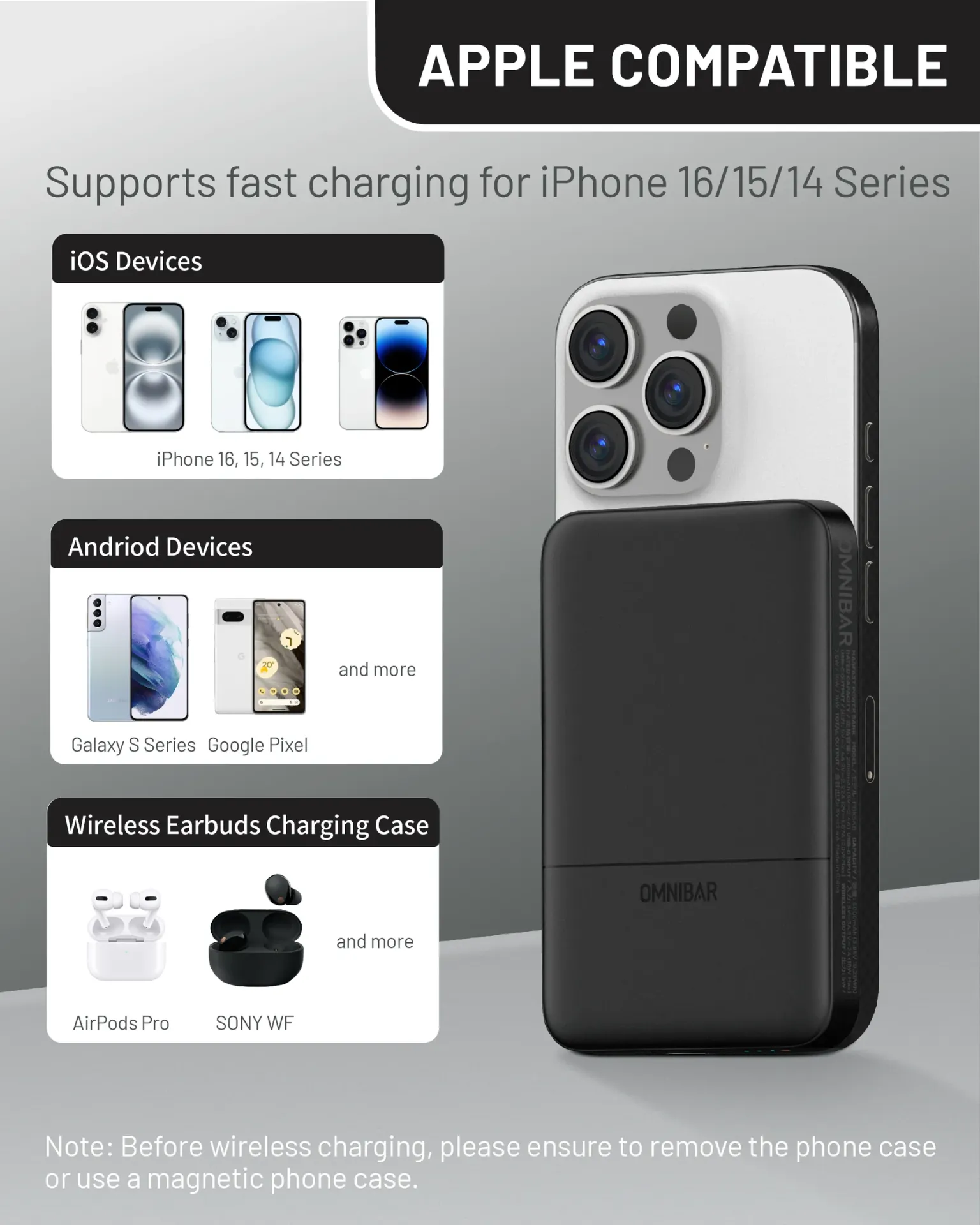 Omnibar Portable Power Bank 5000mAh Model : PBK5KA Battery Cell Capacity : 5000mAh Lithium battery energy : 5000mAh 3.7Vdc/18.5Wh Rated Capacity : 2700mAh (5V⎓3A) USB-C Input  : 5V⎓3A 9V⎓2A (18W Max) USB-C Output : 5V⎓3A 9V⎓2.22A 12V⎓1.67A (20W MAX) Wireless Output : 5W / 7.5W / 10W / 15W Foreign Object Detection Function: Yes Materials: Fireproof PC + ABS + Aluminum Size: 4.09×2.64×0.39 in Weight: 0.30 lbs Certification: FCC CE ETL Qi2 CCC