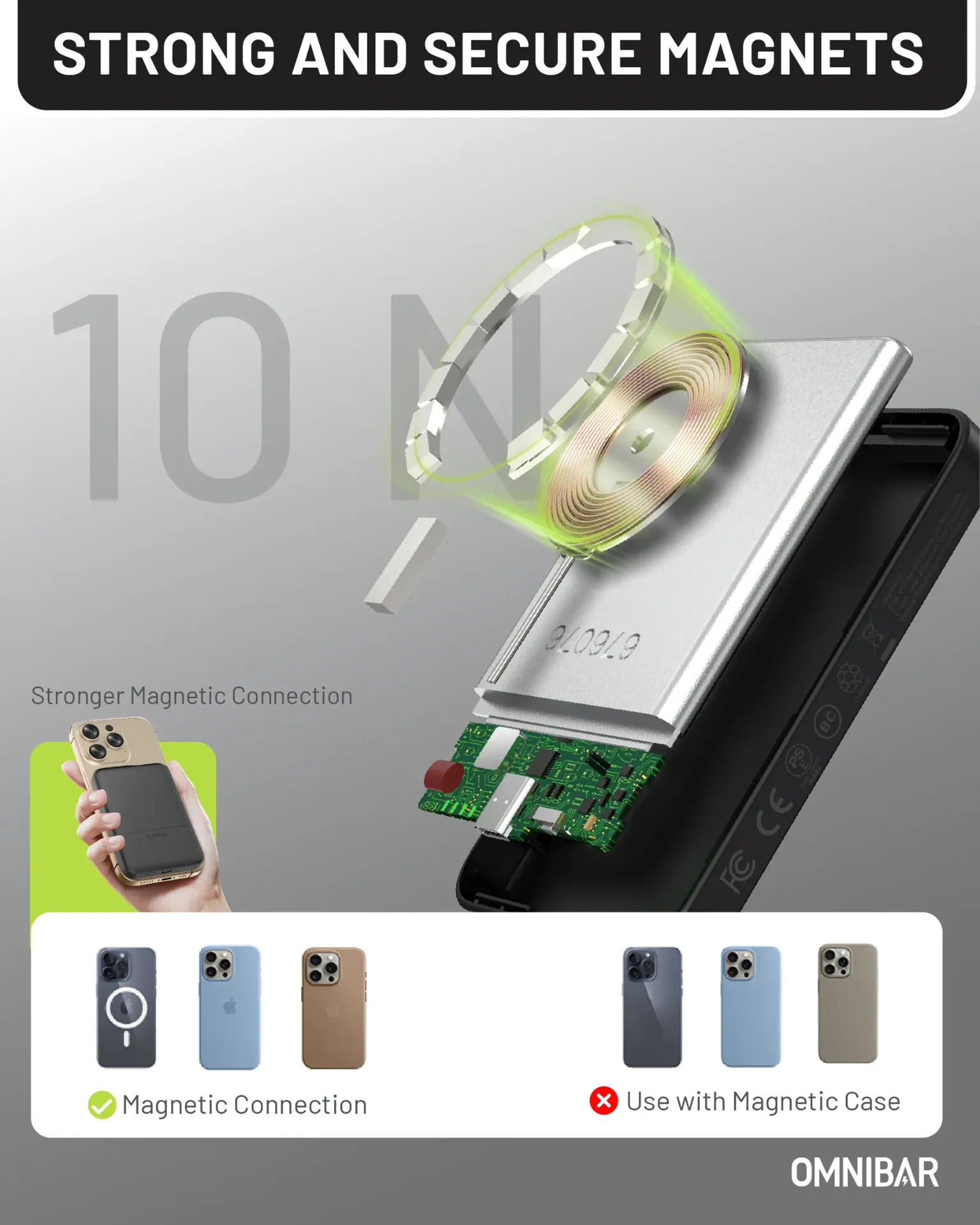 Omnibar Portable Power Bank 5000mAh Model : PBK5KA Battery Cell Capacity : 5000mAh Lithium battery energy : 5000mAh 3.7Vdc/18.5Wh Rated Capacity : 2700mAh (5V⎓3A) USB-C Input  : 5V⎓3A 9V⎓2A (18W Max) USB-C Output : 5V⎓3A 9V⎓2.22A 12V⎓1.67A (20W MAX) Wireless Output : 5W / 7.5W / 10W / 15W Foreign Object Detection Function: Yes Materials: Fireproof PC + ABS + Aluminum Size: 4.09×2.64×0.39 in Weight: 0.30 lbs Certification: FCC CE ETL Qi2 CCC